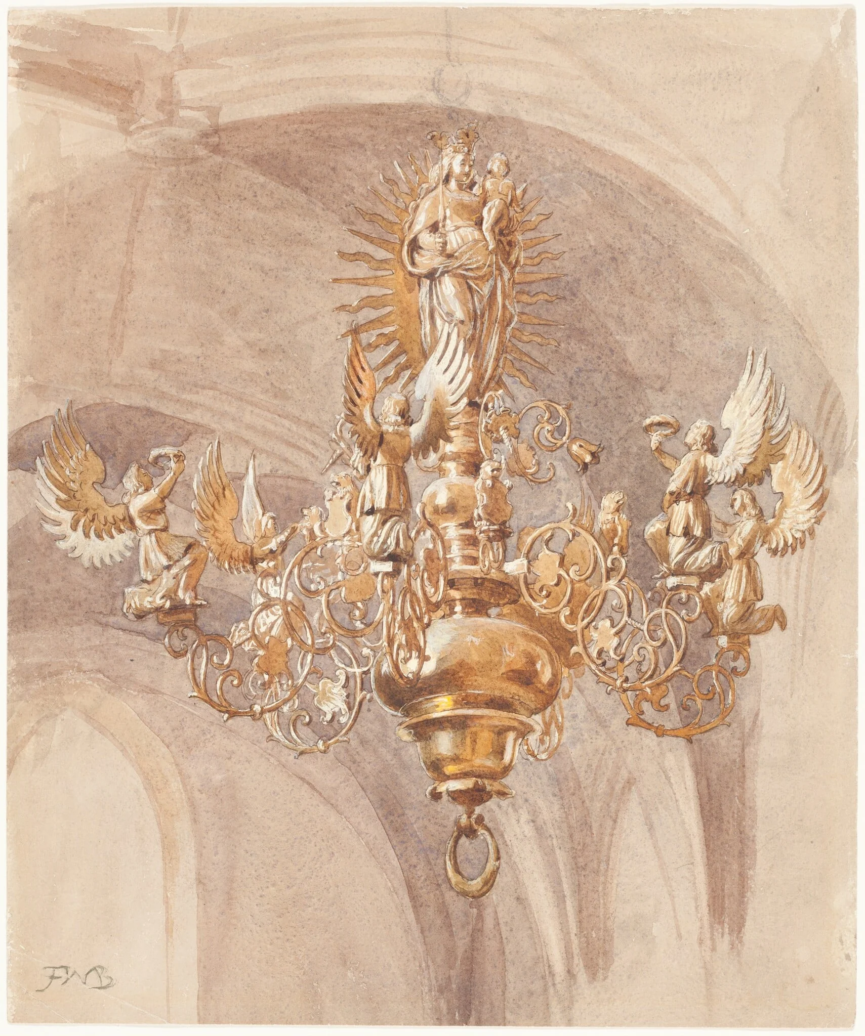 A Chandelier with the Virgin Mary Holding the Christ Child, by Frederic William Sir Burton, ink, 1850