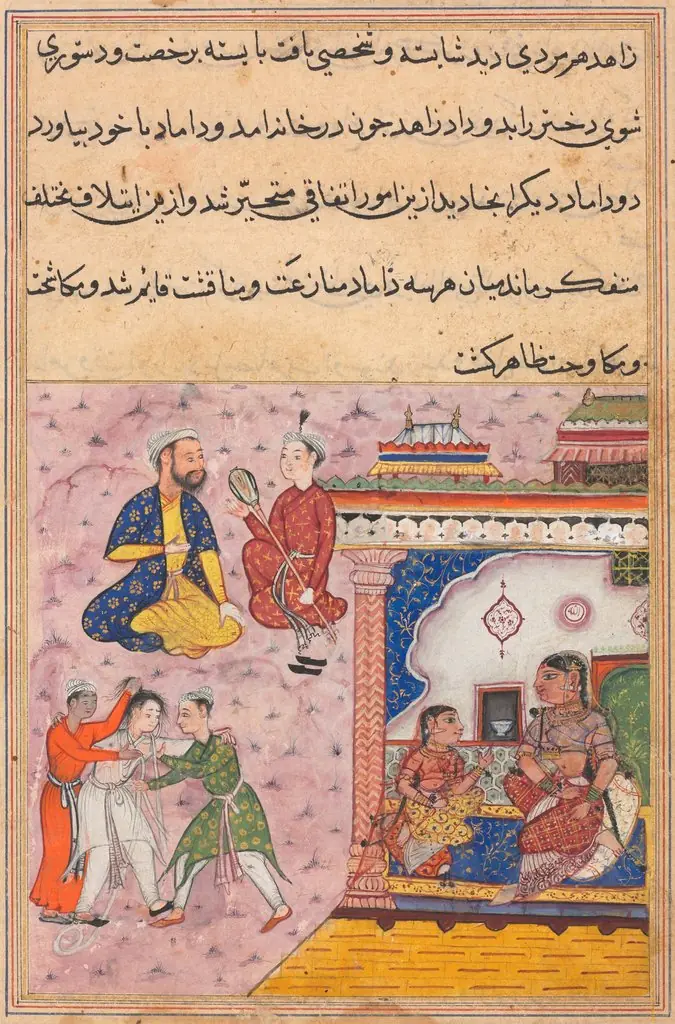 Three suitors fight amongst themselves for the hand of the devotee’s daughter, from a Tuti-nama (Tales of a Parrot): Twentieth Night