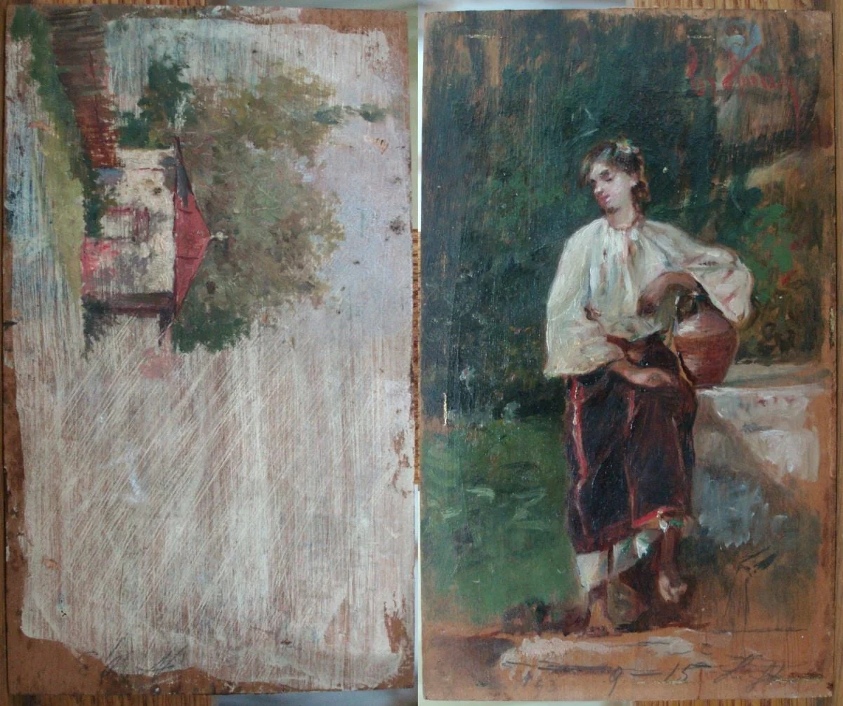 Fata cu ulciorul lângă fântână; Schiță peisaj cu casă (verso), by Theodor Aman, 1871
