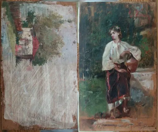 Fata cu ulciorul lângă fântână; Schiță peisaj cu casă (verso)