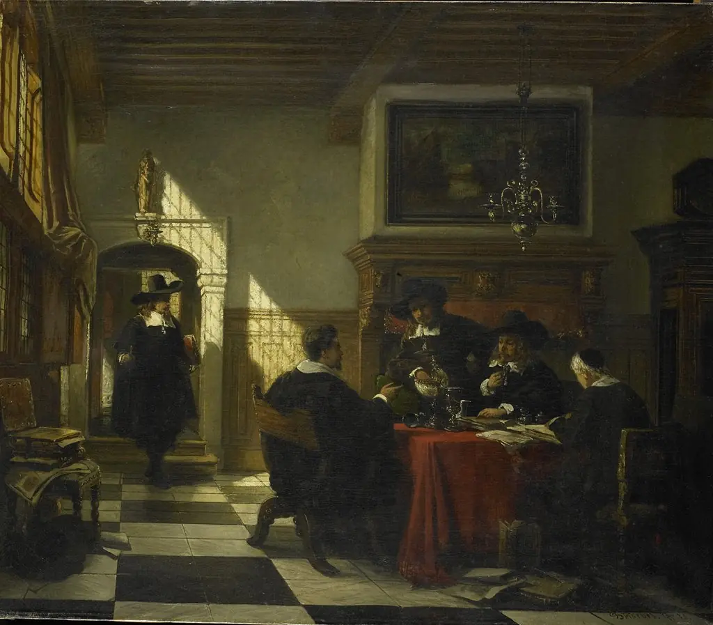 Gezelschap in 17e-eeuwse dracht bij een tafel waarop een Nautilusbeker