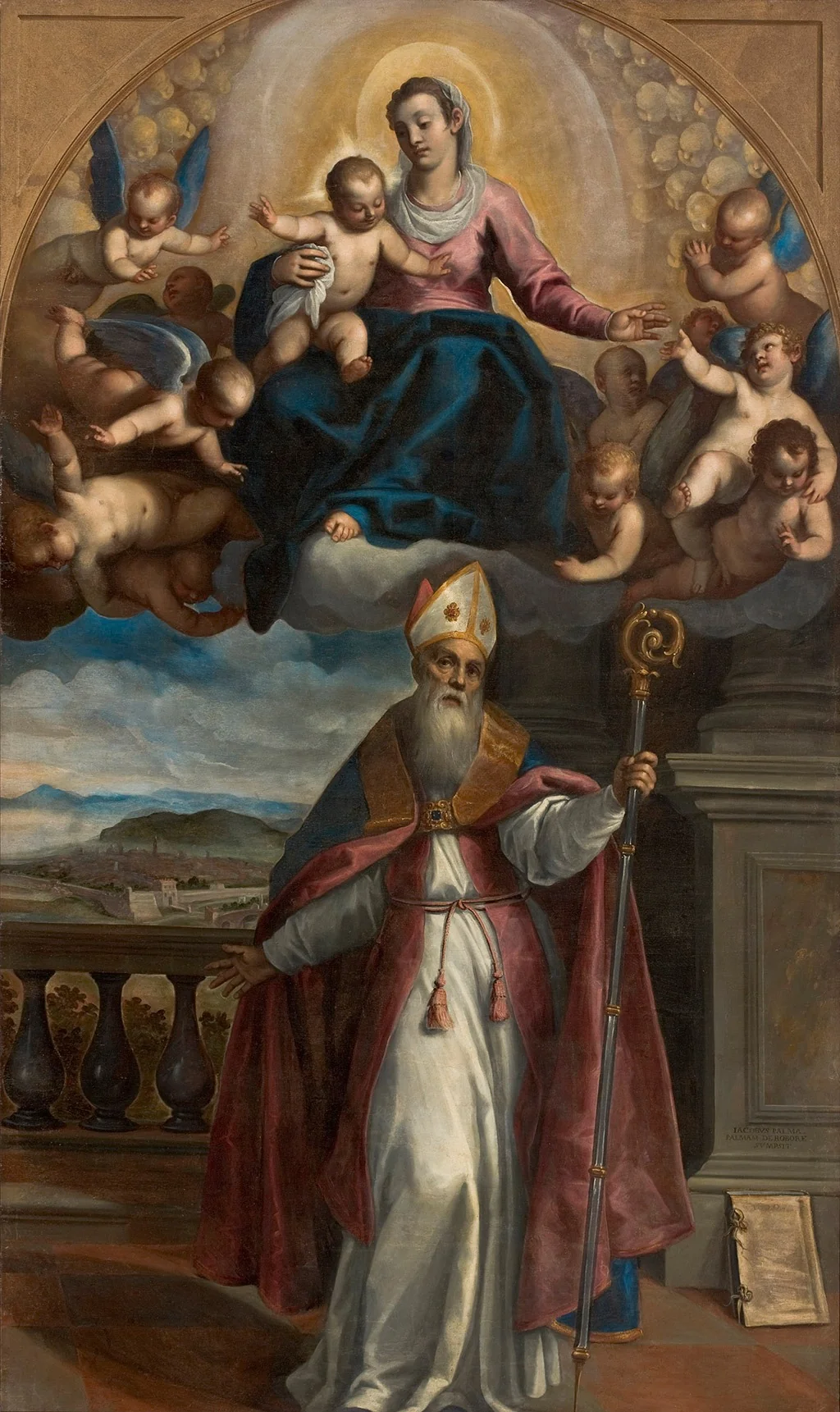 Aparição da Virgem com o Menino a santo Ubaldo, bispo de Gubbio, que indica ao fundo a cidade de Pesaro, by Palma il Giovane, oil, 1620