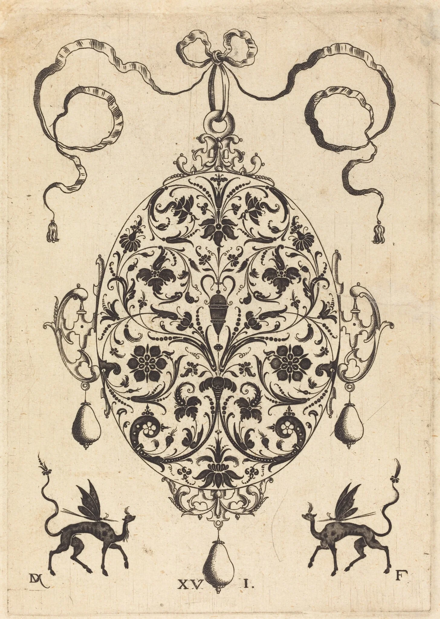 Large Pendant, Upright Oval with Floral Ornament, by Daniel Mignot, ink, 1596