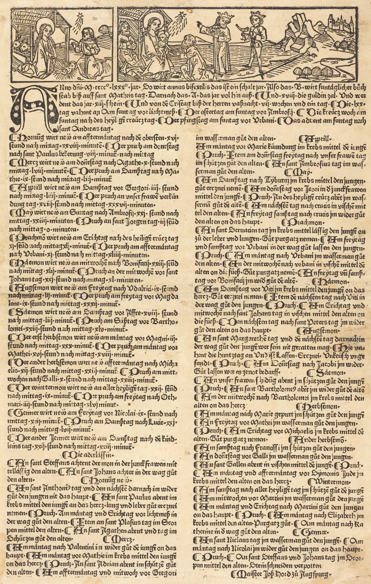 Calendar with the Nativity and Adoration, by German 15th Century, ink, 1475