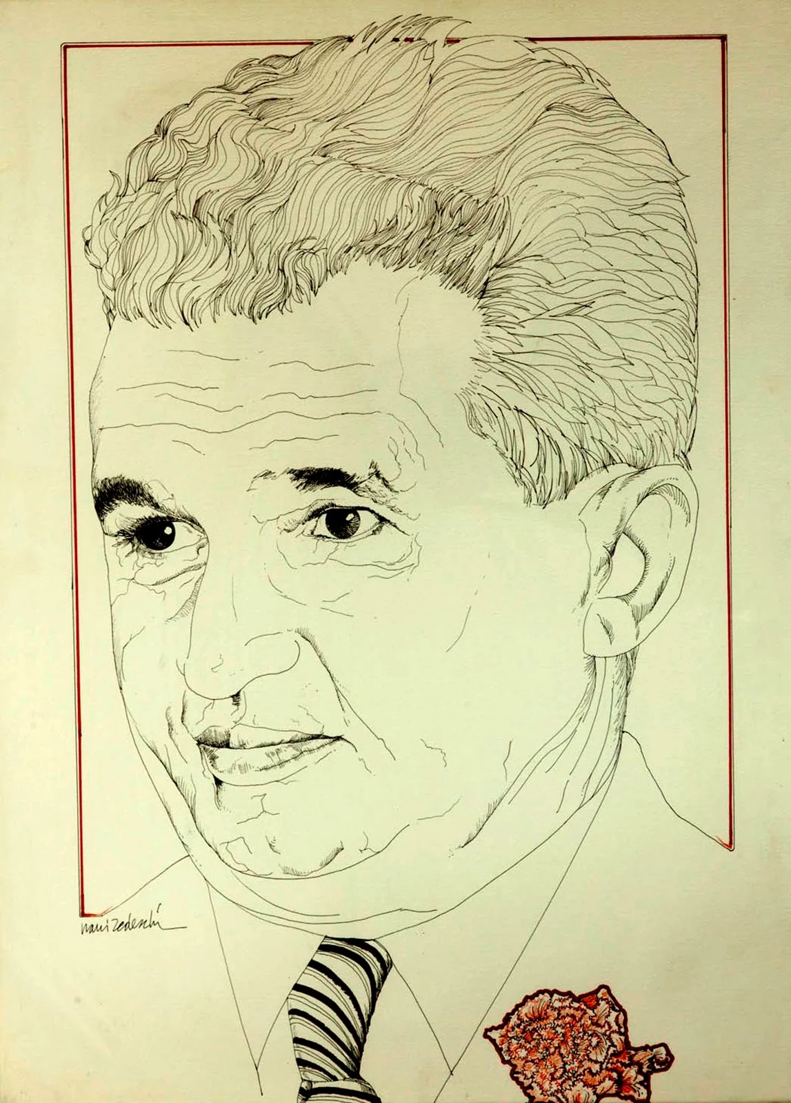 Grafică, portretul lui Nicolae Ceaușescu, semnat stânga jos Nanni Tedeschi, nedatat. Oferit de delegația italiană condusă de Benito Craxi cu ocazia vizitei în România. București, noiembrie 1978., by Nanni Tedeschi