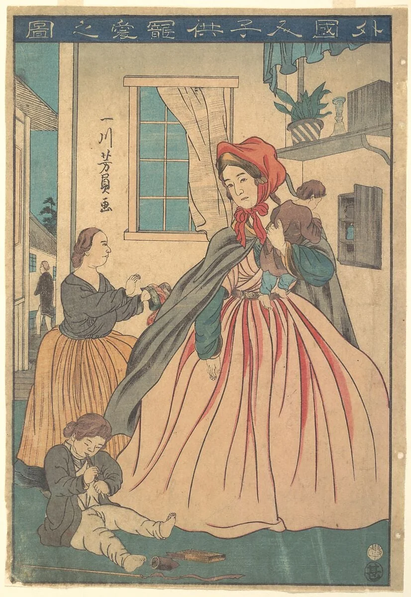 Gaikokujin kodomo choai no zu|A Foreigner Enjoying Her Children, by Utagawa Yoshikazu, ink, 1860