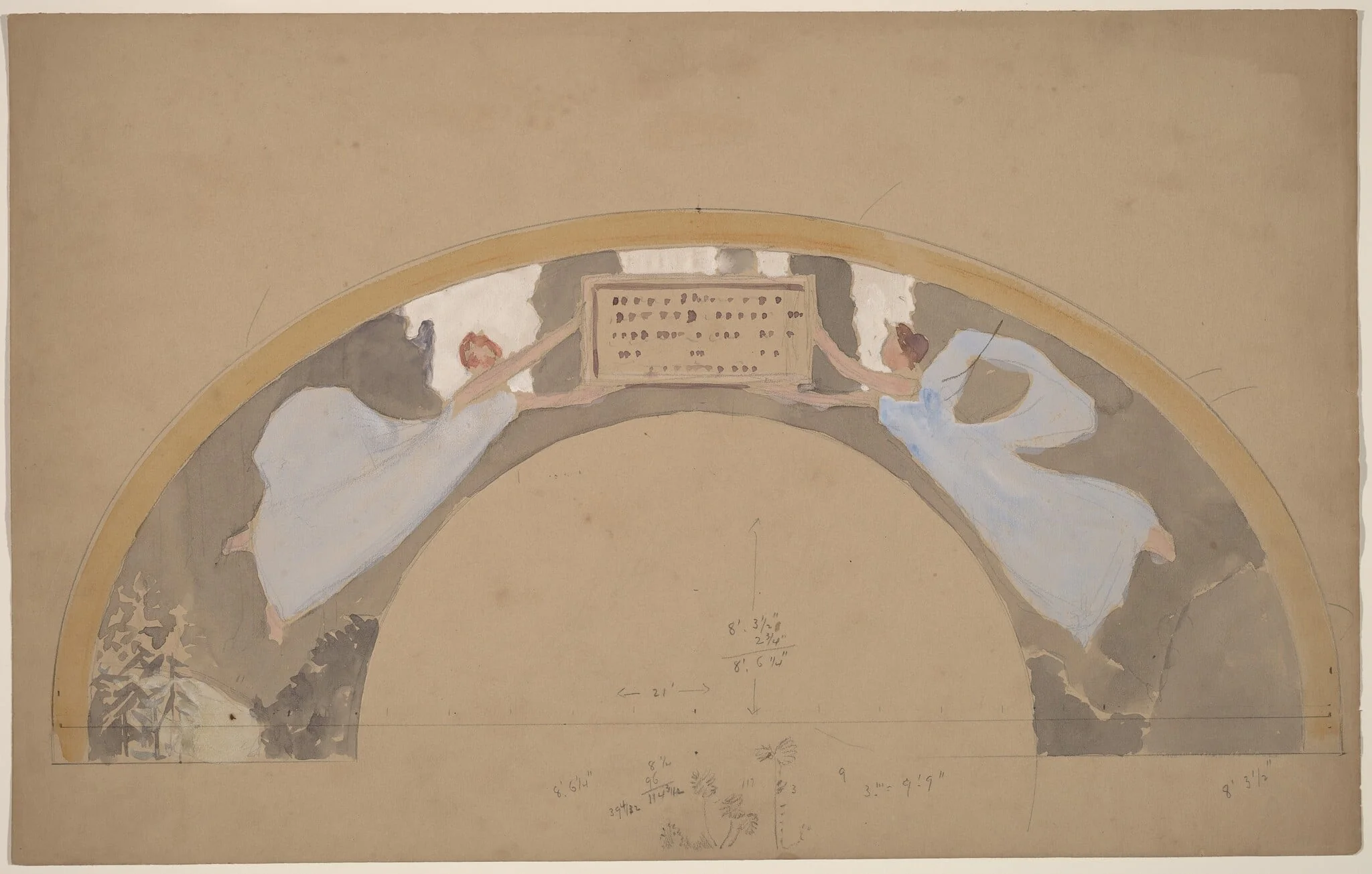Study of Two Female Figures in Arched Border, by Charles Sprague Pearce, gouache, 1894