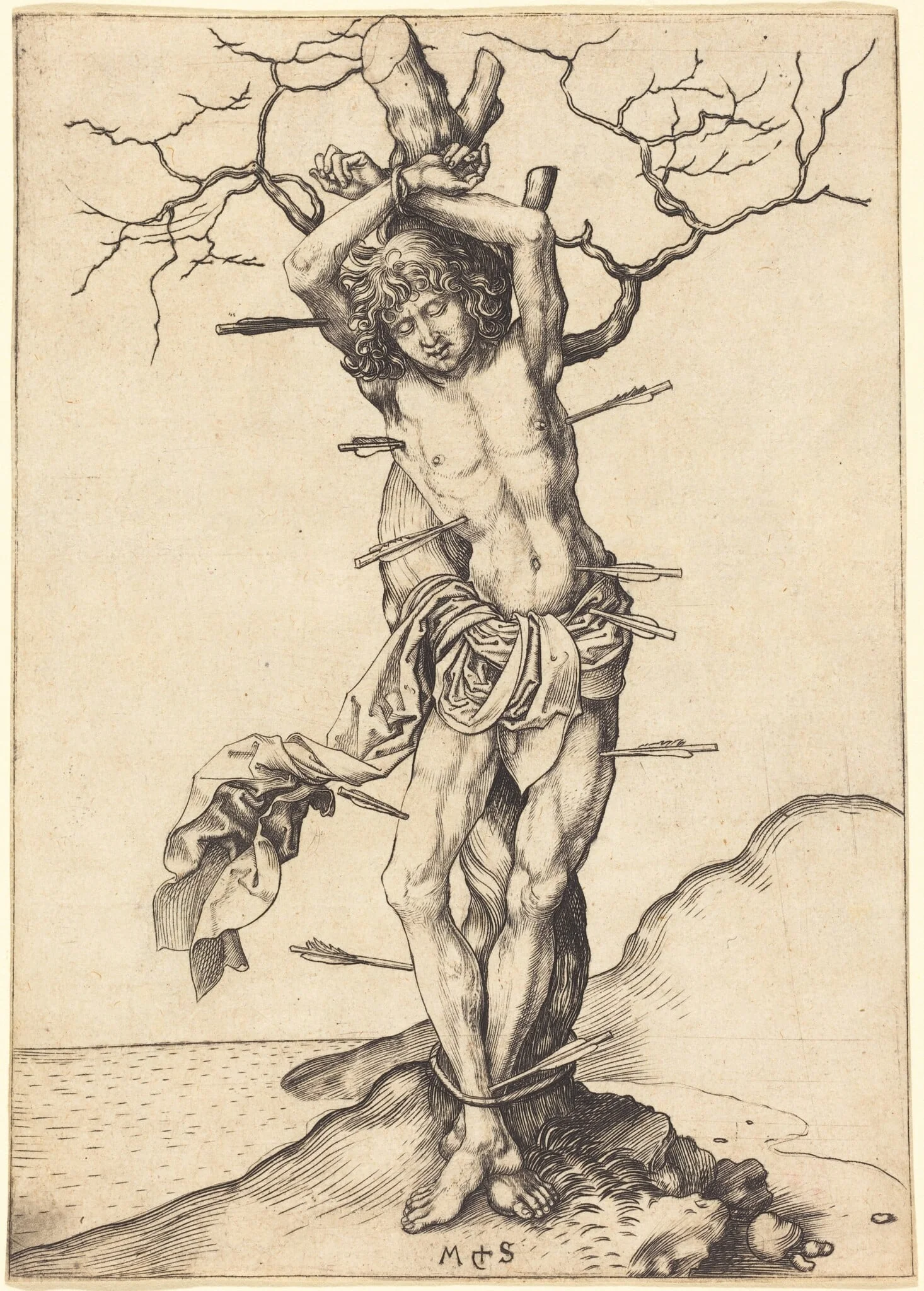 Saint Sebastian, by Martin Schongauer, ink, 1485