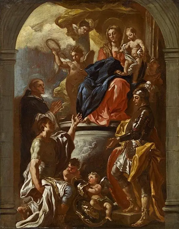 Madonna and Child Enthroned with Saint Peter Martyr and Two Warrior Saints