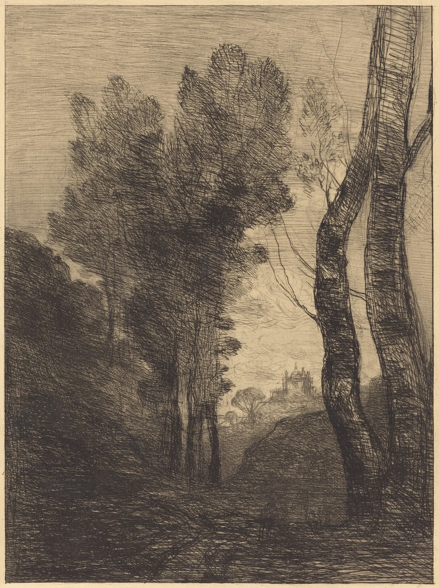 Environs of Rome (Environs de Rome), by Jean Baptiste Camille Corot, ink, 1866