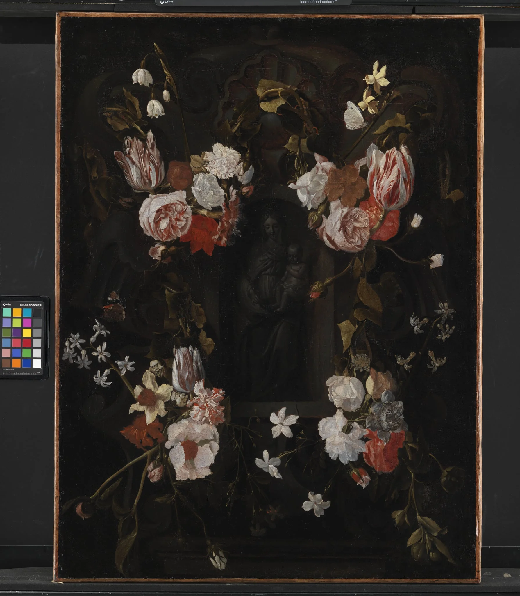 A Stone Cartouche with Virgin Mary and the Infant Christ in a Niche encircled by a Garland of Flowers, by Unknown, 1650
