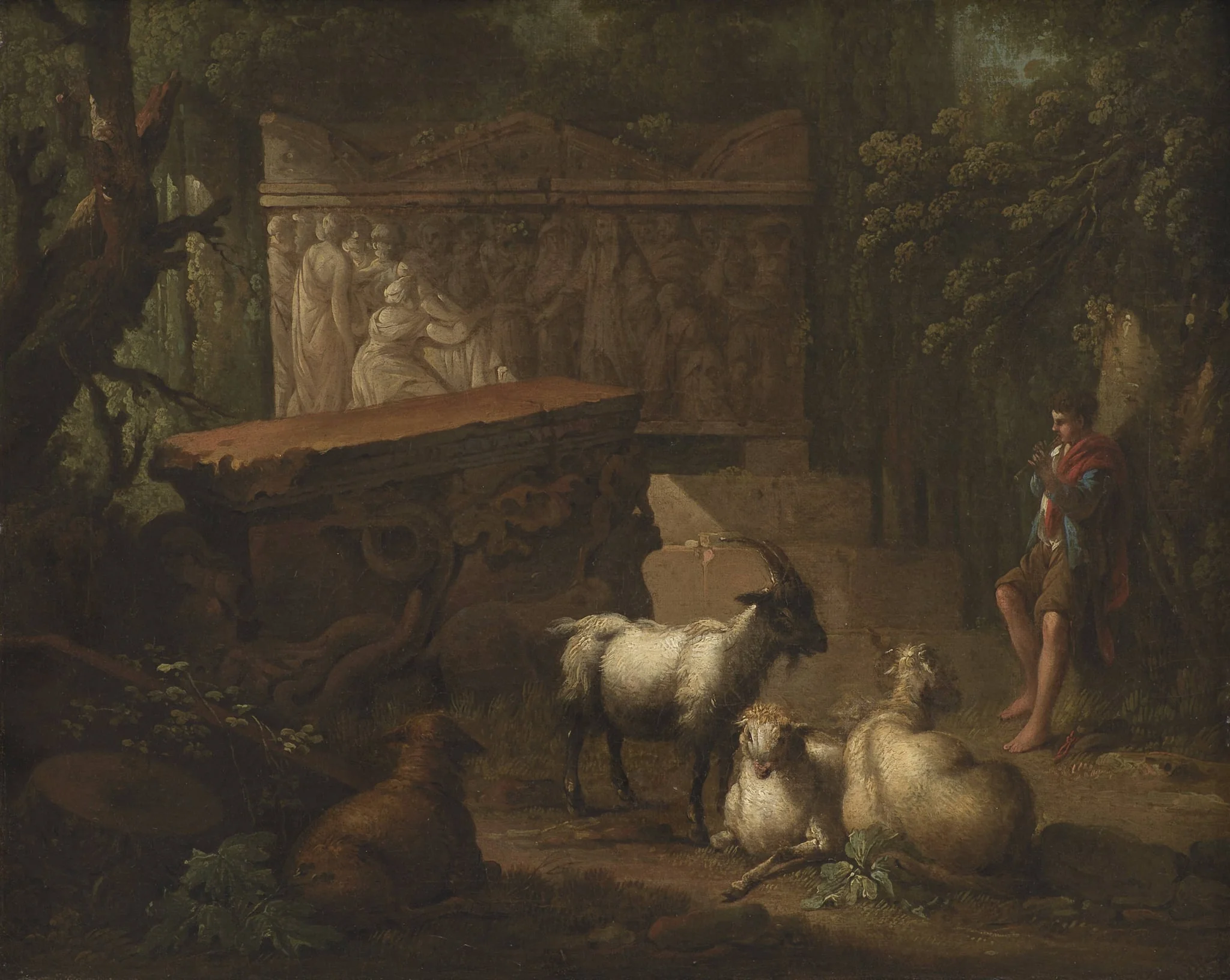 Antikke ruiner omgivet af træer, i forgrunden en hyrde og nogle geder, by Unknown, 1750