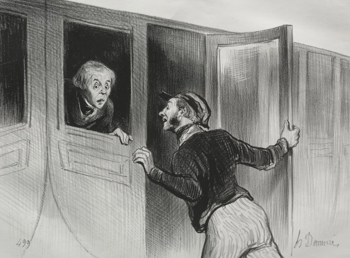 The Hazard of Sleeping on a Journey, by Honoré Daumier, 1843
