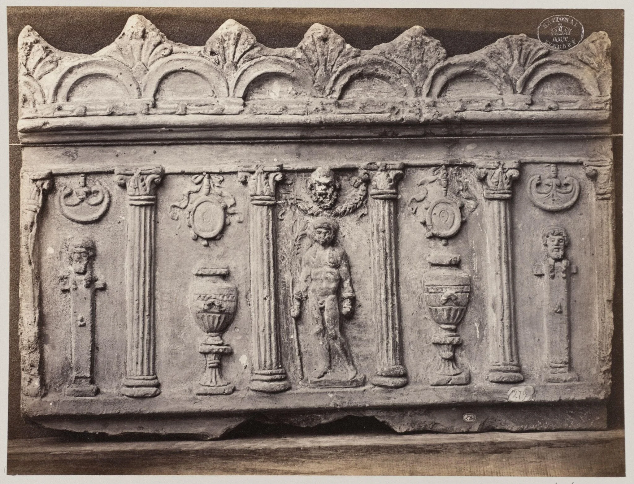 Bas-relief of a figure with bust, vessels and columns in terra cotta, by Louise Laffon, photographic, 1864