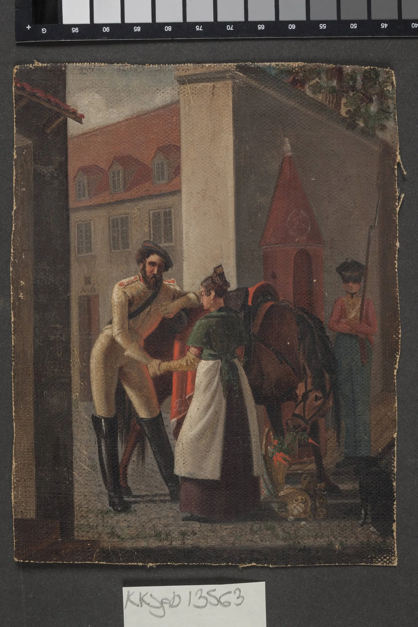 Gadescene. En kavalerist tager afsked med en pige, by Unknown, 1820