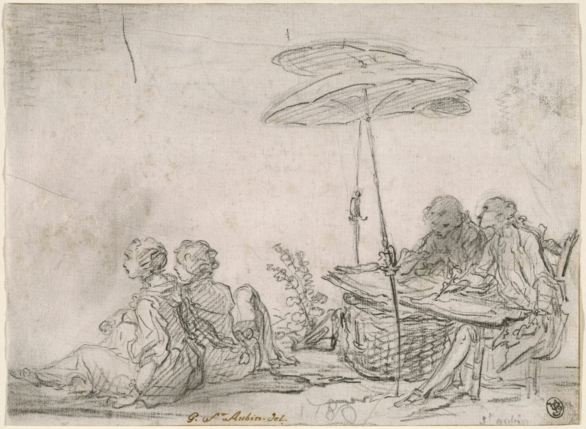 Draftsmen Outdoors, by Gabriel de Saint-Aubin, chalk, 1760