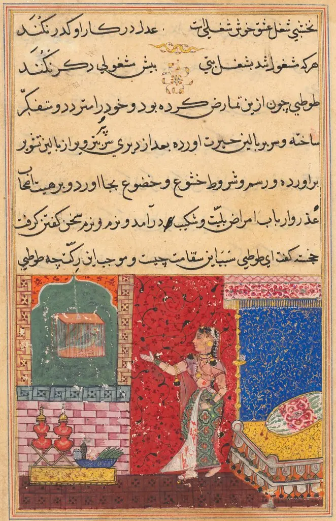 The Parrot Addresses Khujasta at the Beginning of the Fifteenth Night, from a Tuti-nama (Tales of a Parrot)