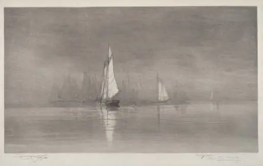 Untitled (Harbor Scene with Sailboats)