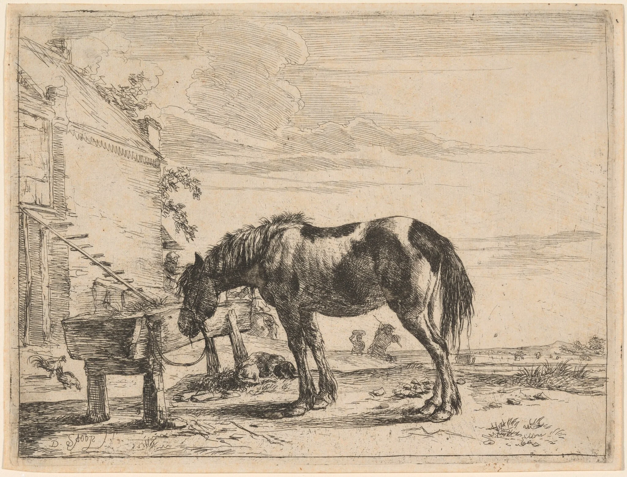 A Horse Bound to a Feeding Trough, by Dirck Stoop, ink, 1651