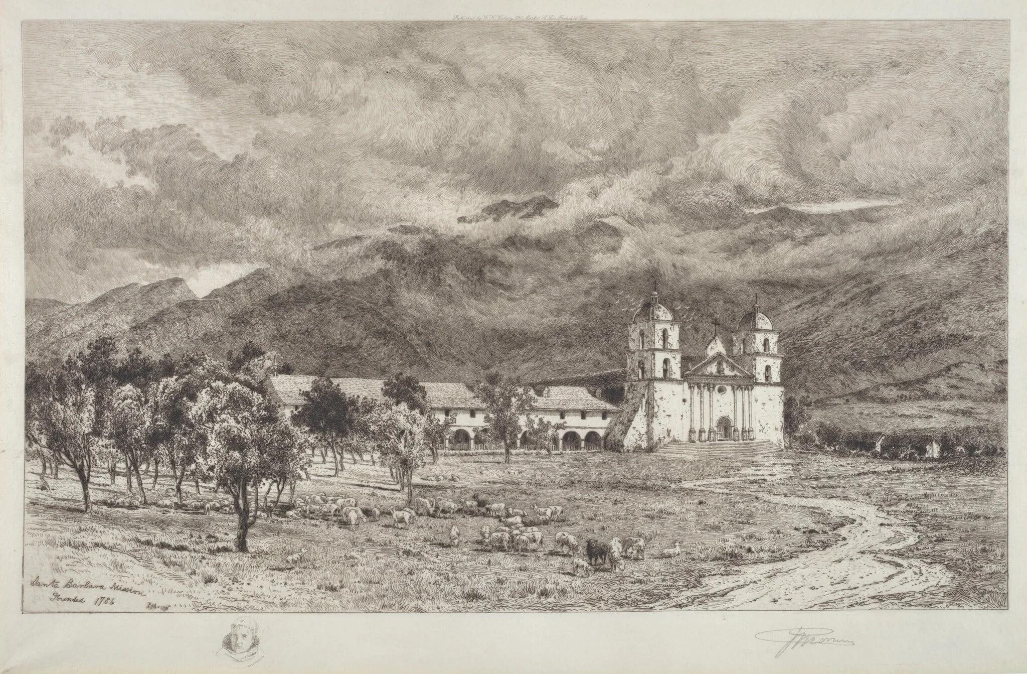 Santa Barbara Mission, by Peter Moran, ink, 1886