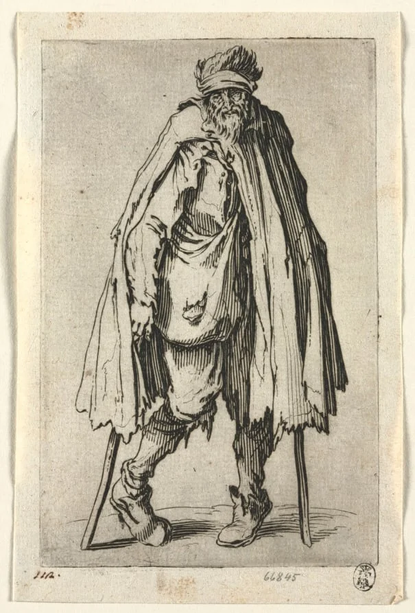 The Beggars: Beggar on Crutches with a Bag, by Jacques Callot, 1623