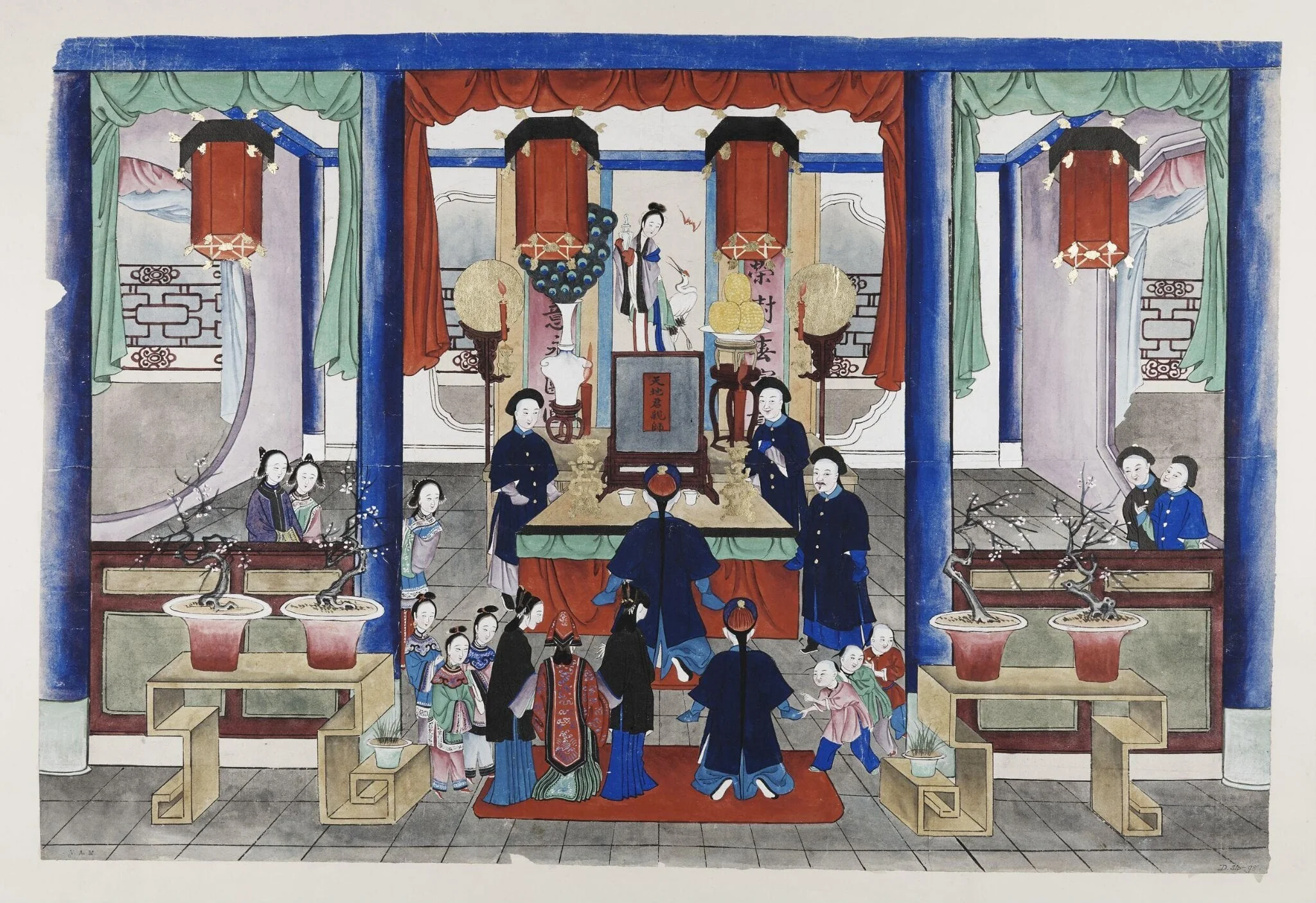 One scene of a wedding: bride and groom paying respect to the ancestors, by Unknown, paint, 1880