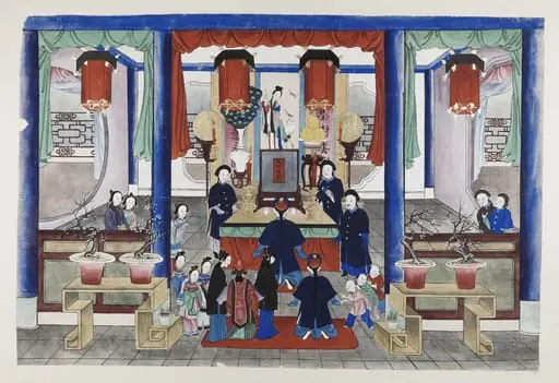 One scene of a wedding: bride and groom paying respect to the ancestors
