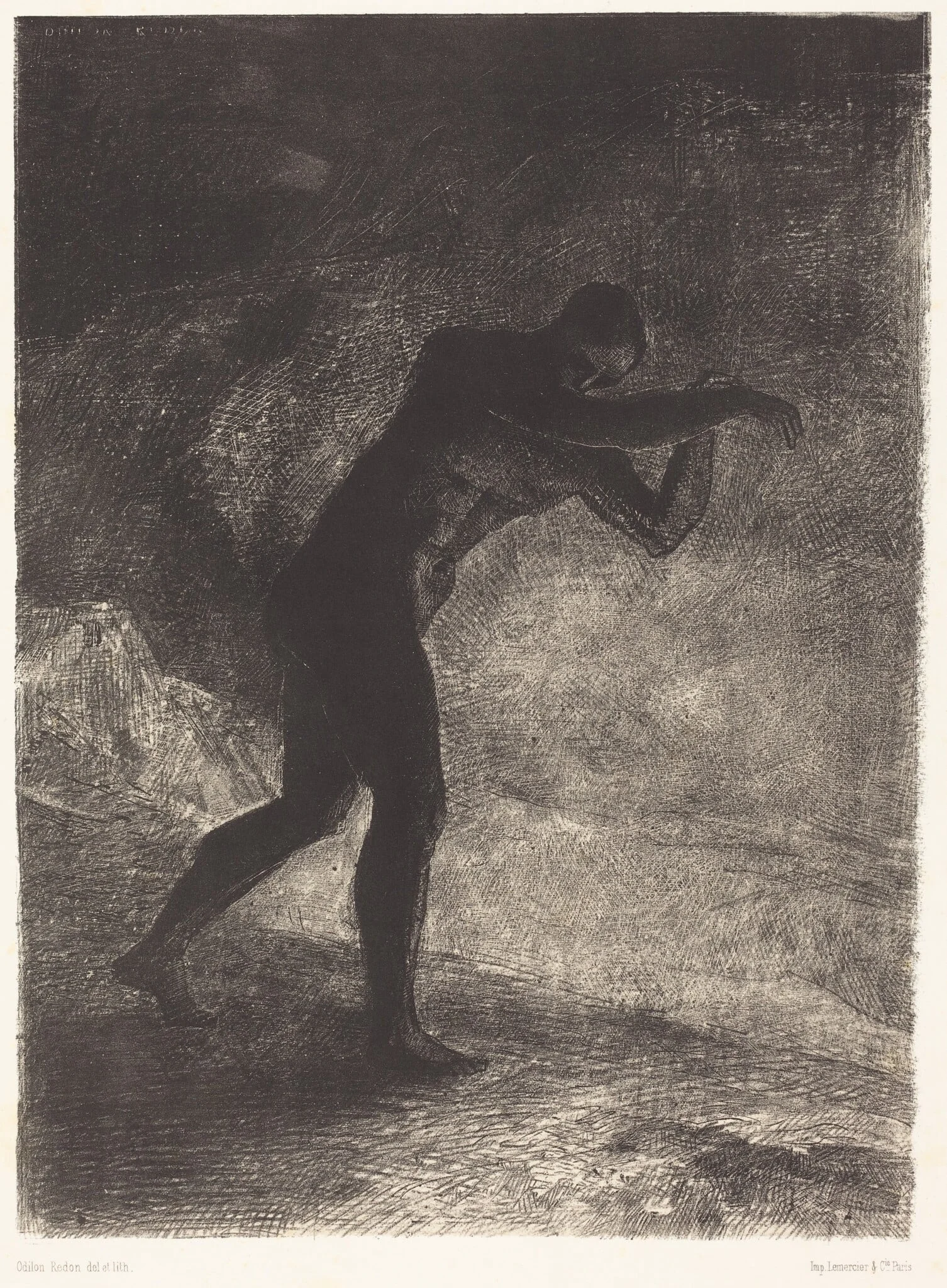 Et l'homme parut, interrogeant le sol d'ou  il sort et qui l'attire, il se fraya la voie vers (And Man appeared; questioning theearth from which he emerged and which attracts hi m, he made his way toward somber brightness), by Odilon Redon, ink, 1883