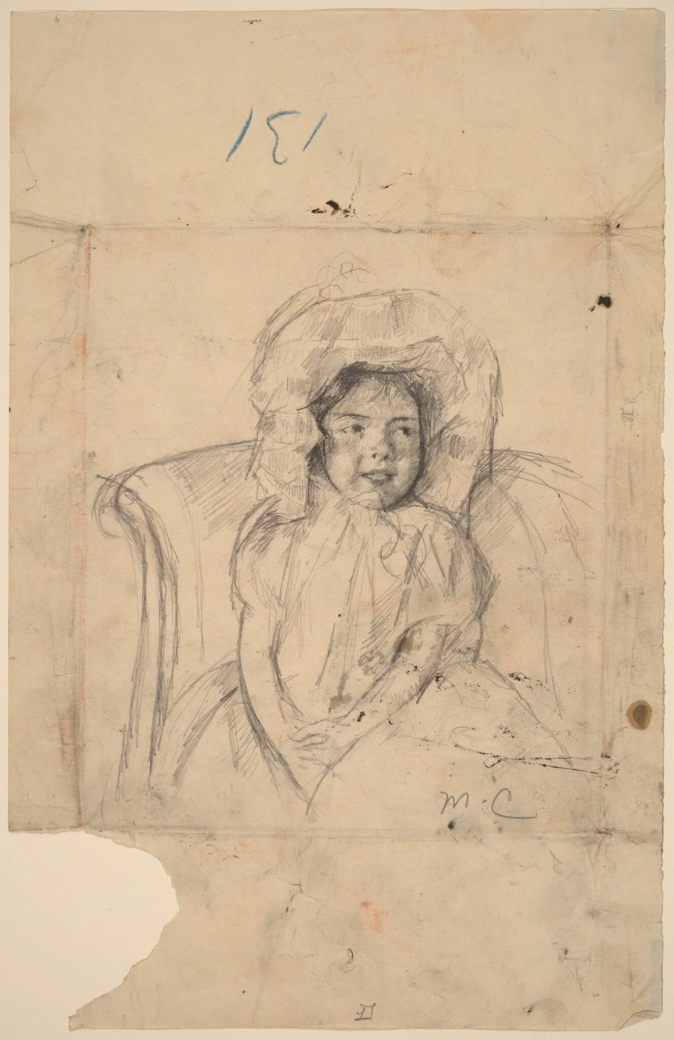 Smiling Margot Wearing a Ruffled Bonnet, by Mary Cassatt, graphite, 1902