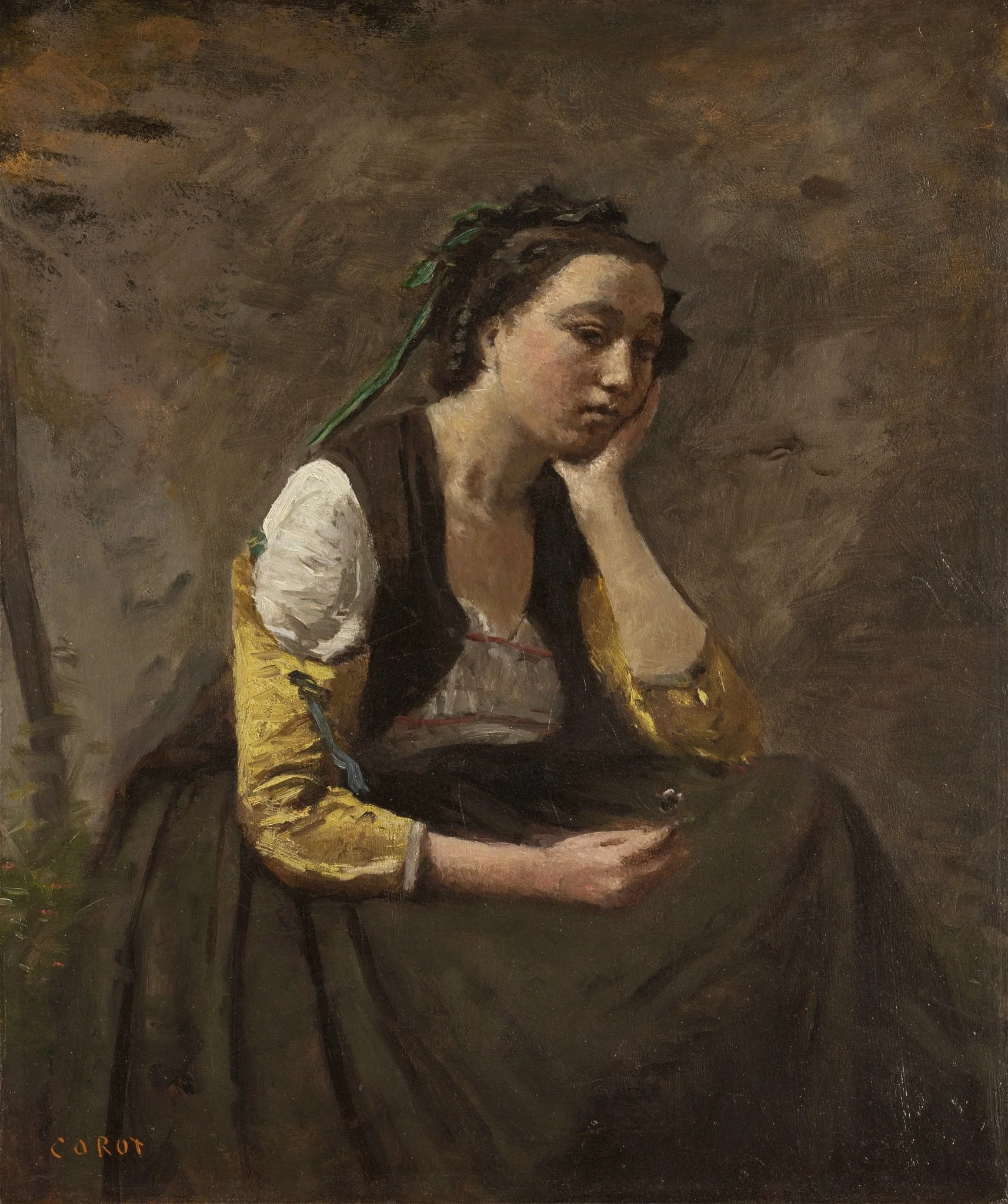Woman Resting on Her Elbow, by Jean Baptiste Camille Corot, oil, 1856