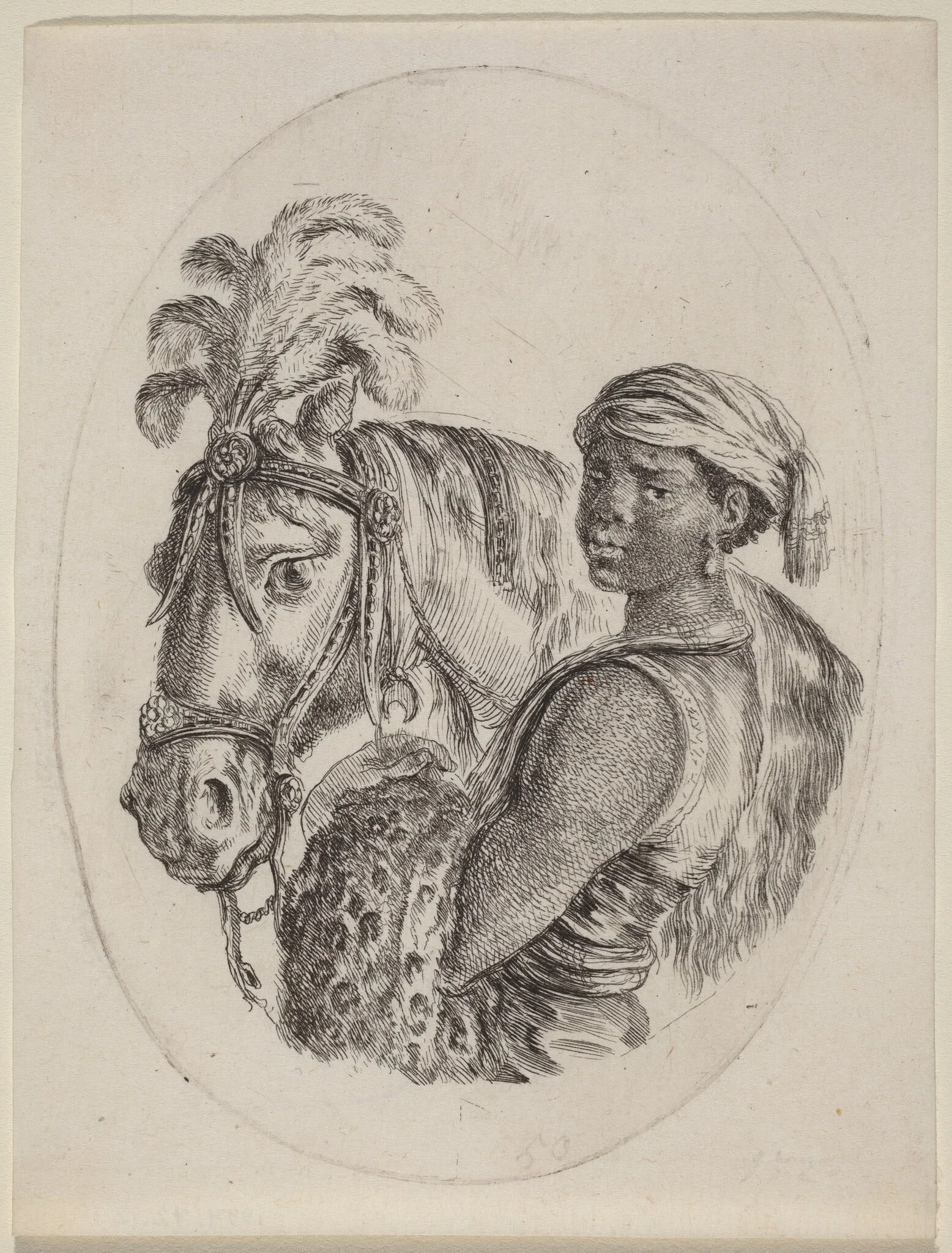 Black Groom with an Arabian Horse, by Stefano Della Bella, ink, 1650
