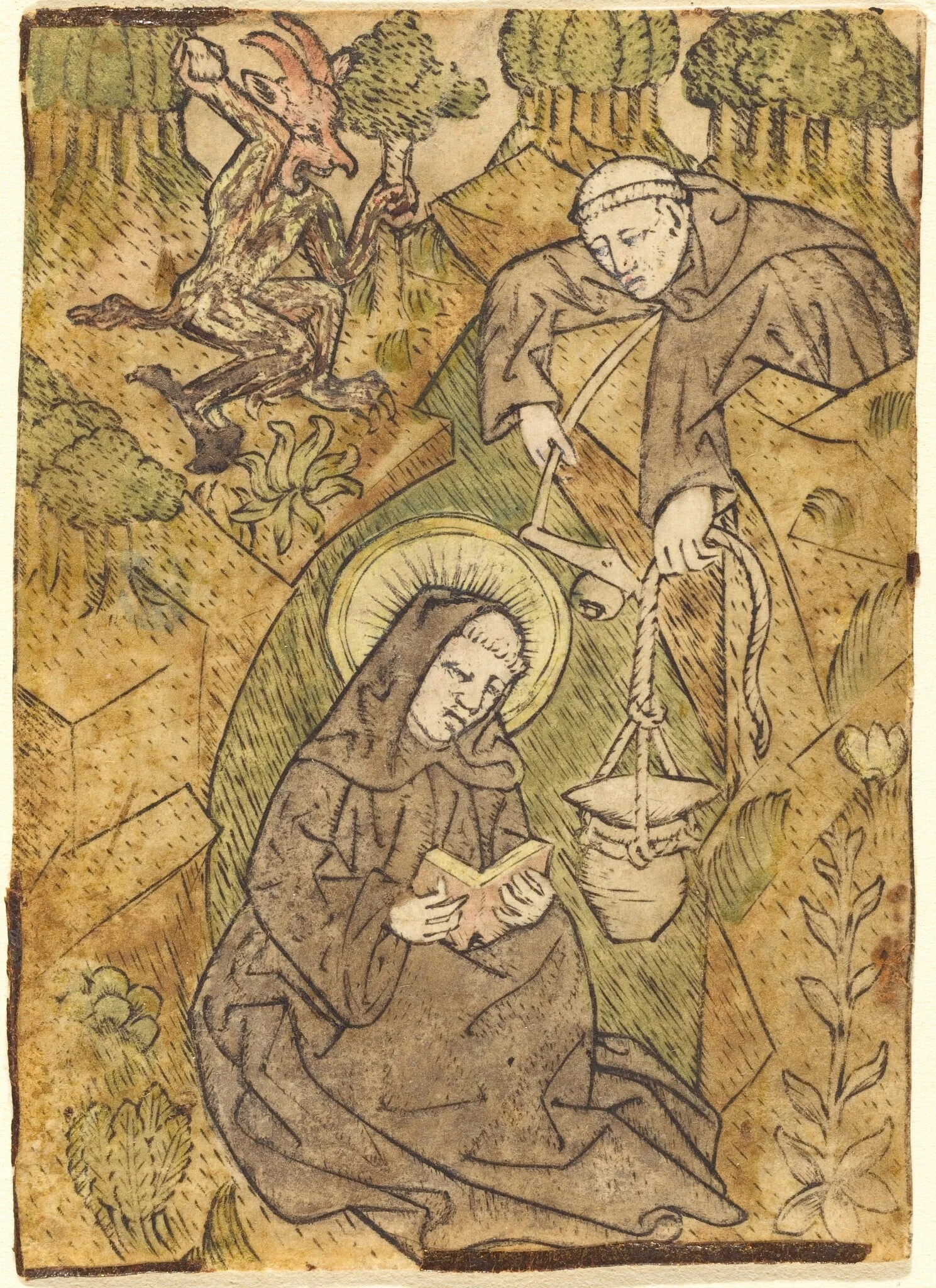 Saint Benedict and the Monk Romanus, by Master of St. Wolfgang, ink, 1445