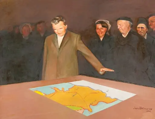 Tablou „Vizită la Vaslui”, semnat Dan Hatmanu și datat dreapta jos. Tabloul îl prezintă pe Nicolae Ceaușescu în timpul unei vizite de lucru alături de oamenii muncii. Comandat pe Comitetul Județean de Partid Vaslui și oferit lui Nicolae Ceaușescu la împlinirea vârstei de 70 de ani (ianuarie 1988).