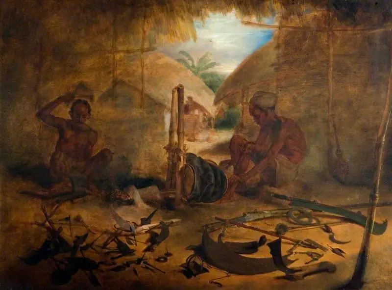 A Blacksmith's Shop beside Village Dwellings in Bengal