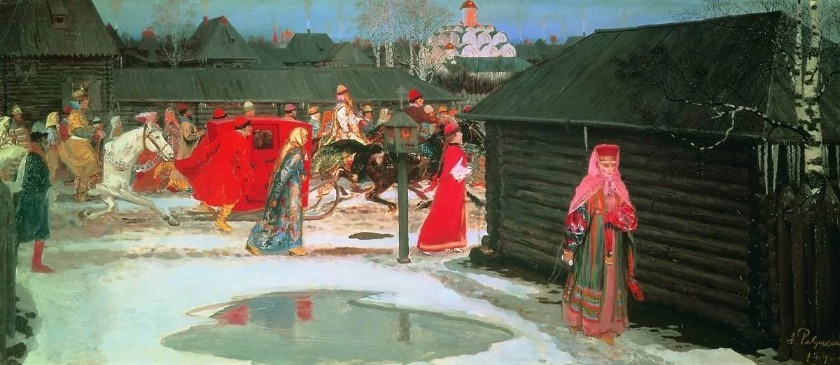 Wedding train in Moscow (XVII century), by Andrei Petrovich Ryabushkin, oil, 1901