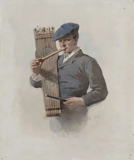 Man of the Basque Provinces of Spain showing the manner of playing the 'Tambourin' and 'Chulula' (or flageolet)