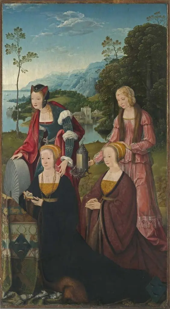 Marientod Altar: Saints Christina and Gudula with donors Christina and Sibilla Hackeney behind outside: SS. Sebastian and Roch