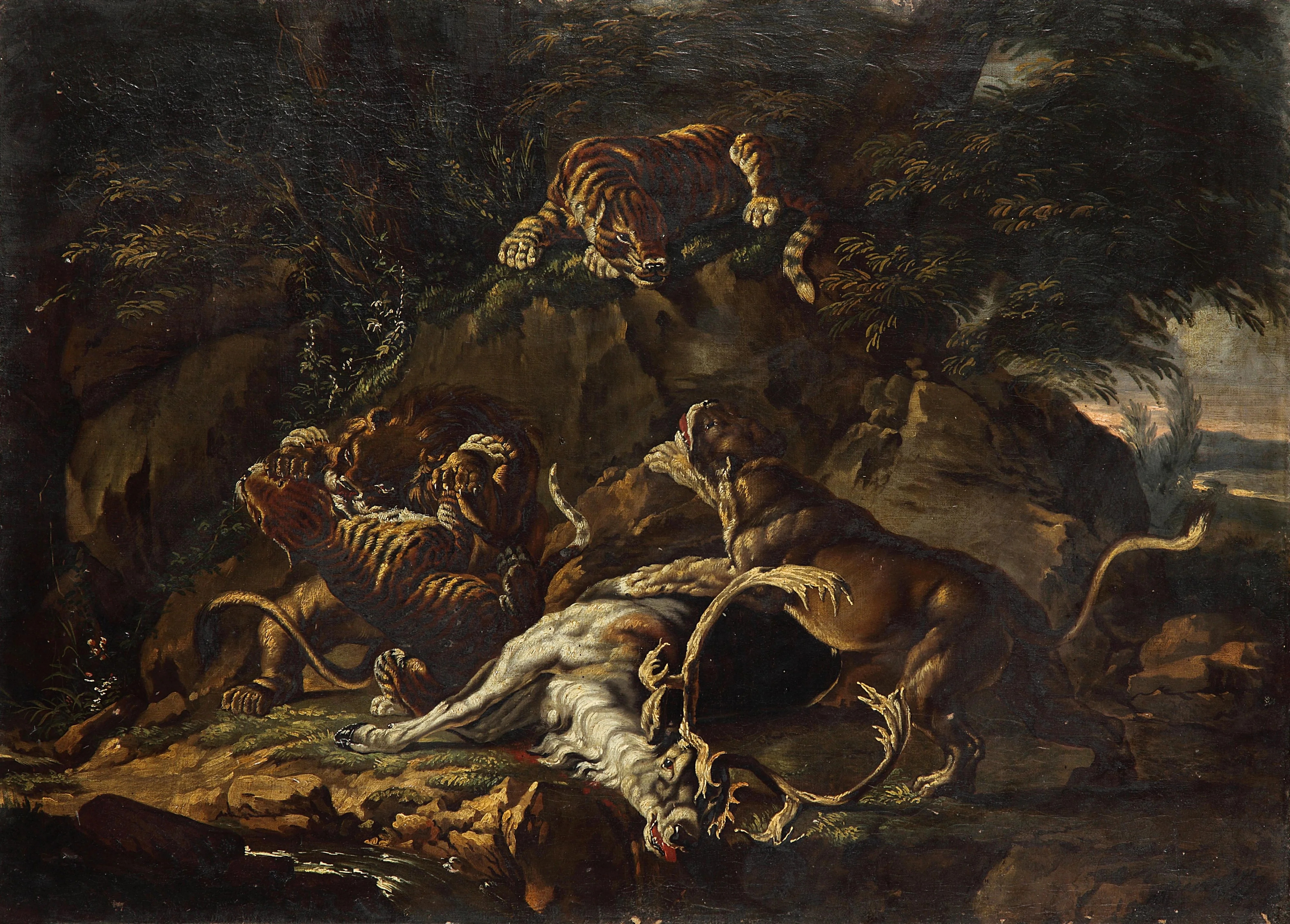 Predators and dead Deer, by Johann Elias Ridinger, oil, 1760