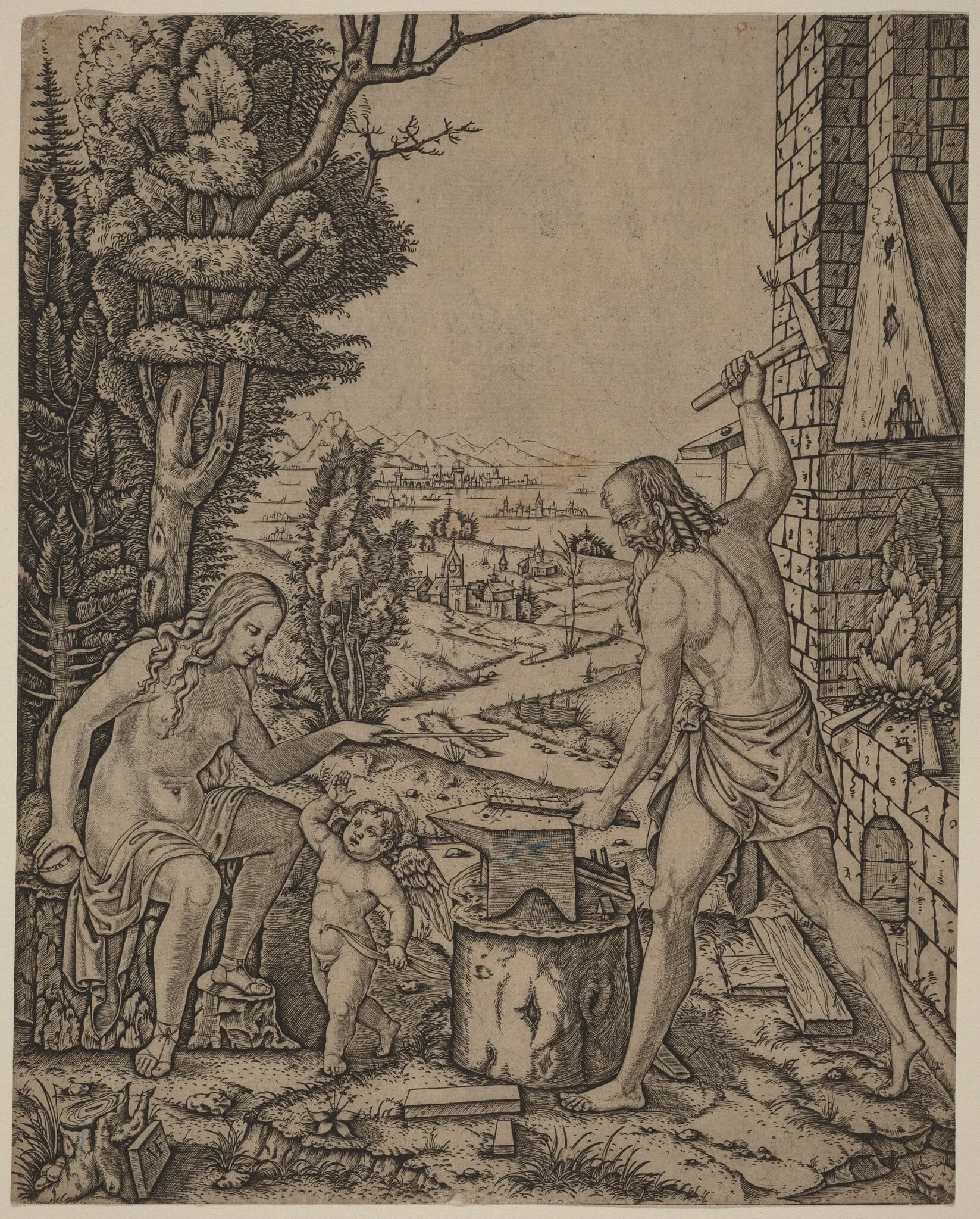 Vulcan, Venus, and Eros, by Marcantonio Raimondi, ink, 1508