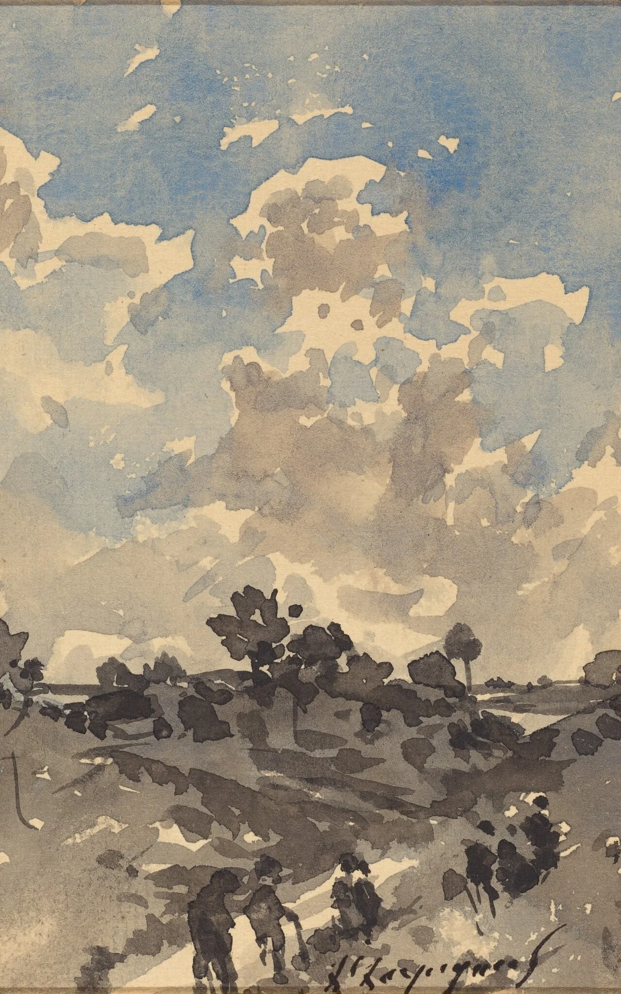 A Landscape with Figures Walking along a Path, by Henri-Joseph Harpignies, watercolor, 1868