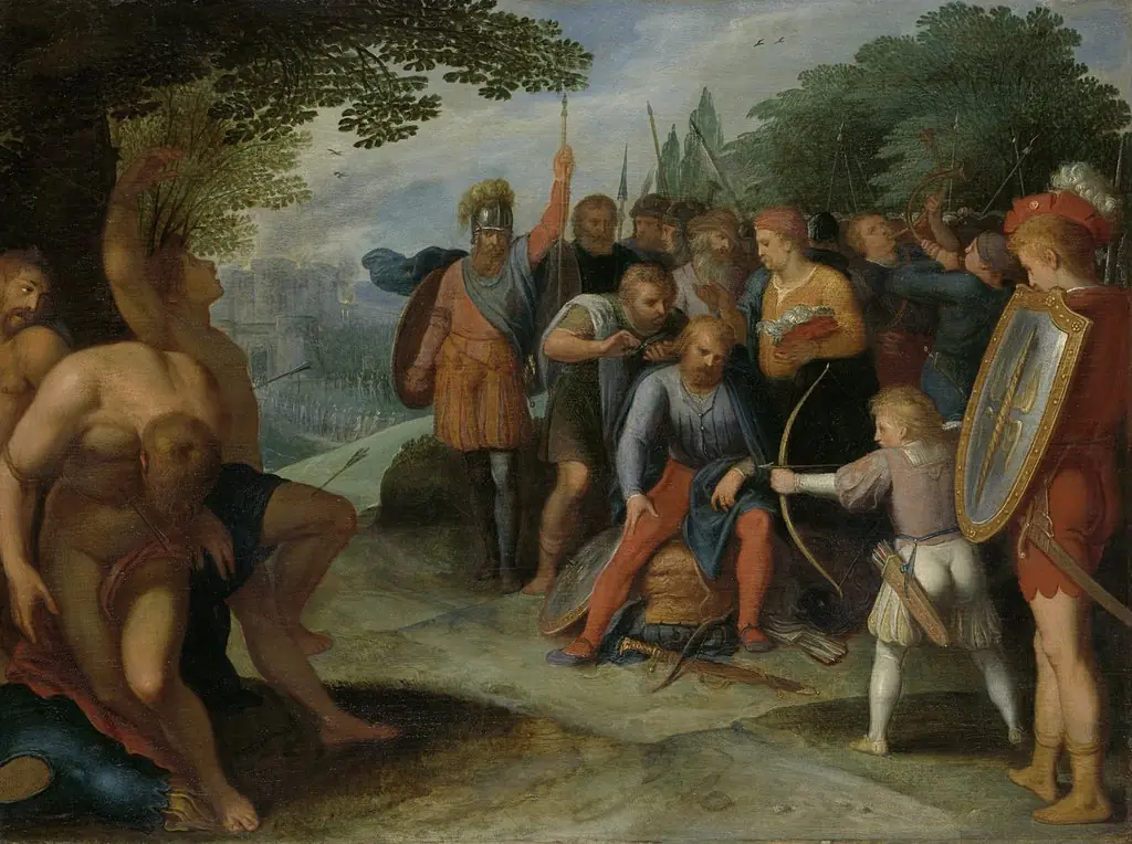 After the Fall of Vetera Castra Claudius Civilis has his hair cut while his son shoots some prisoners
