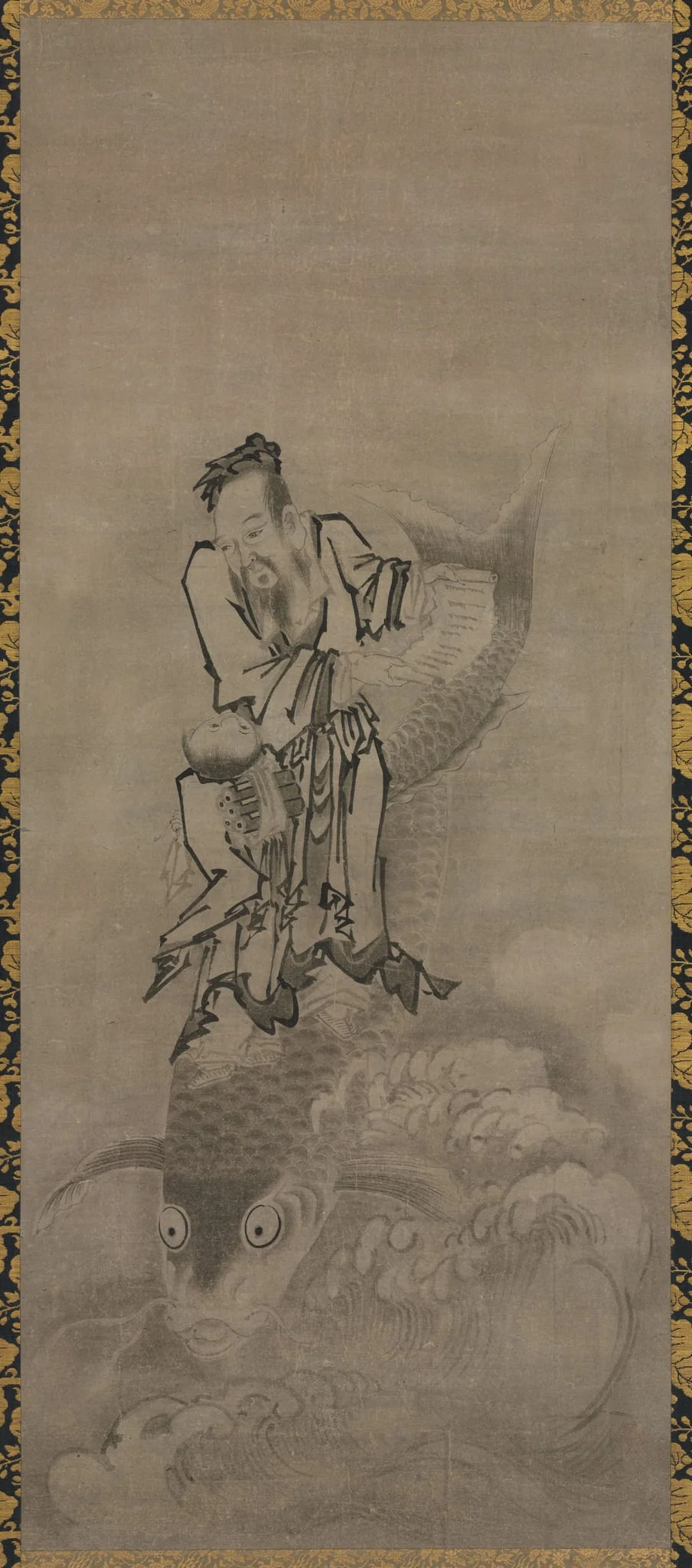 Hotei with Daoist Immortals: Immortal Riding Carp, by Kyūseki Tomonobu, unspecified, 1696