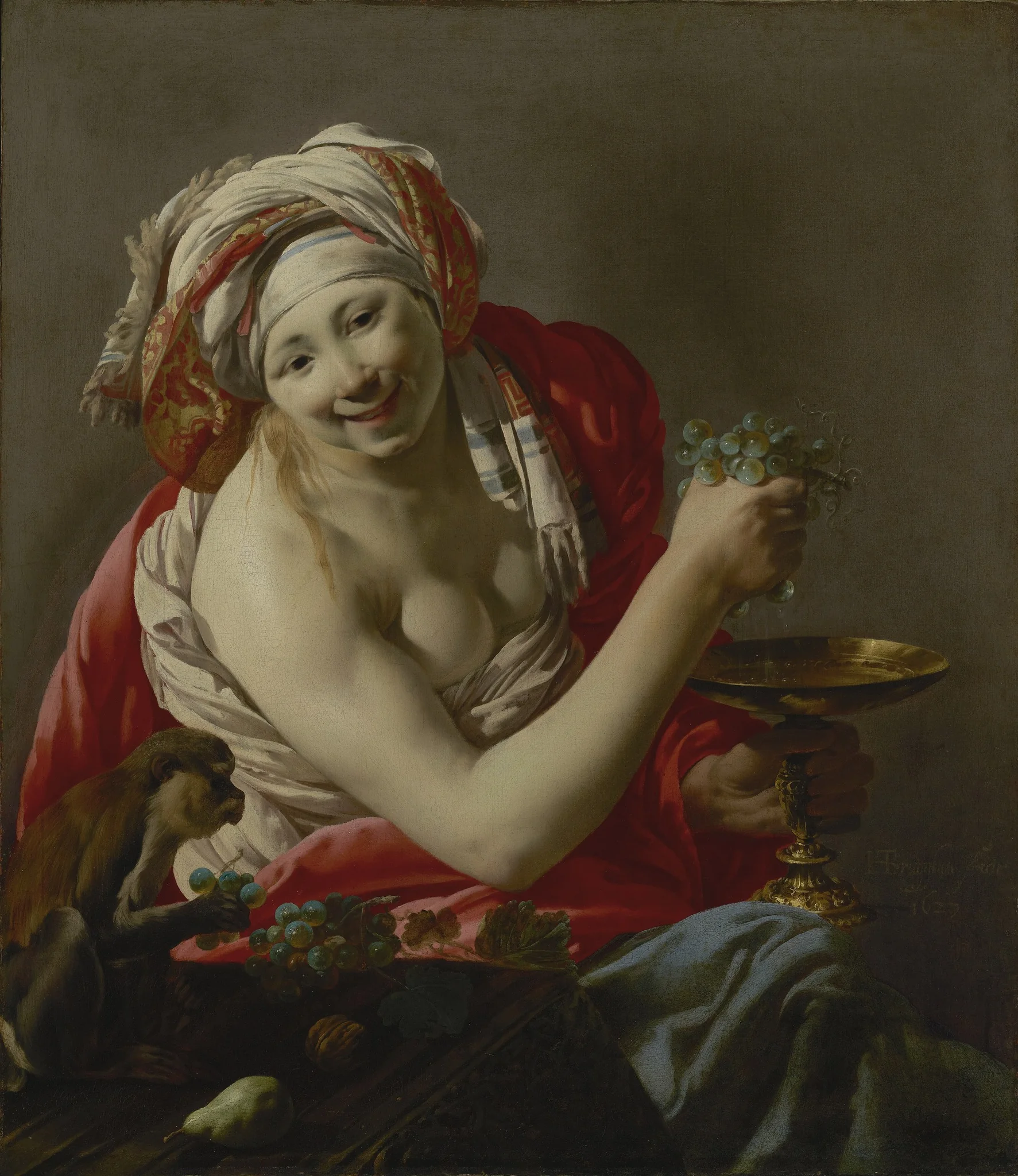 Bacchante with an Ape, by Hendrick ter Brugghen, oil, 1627