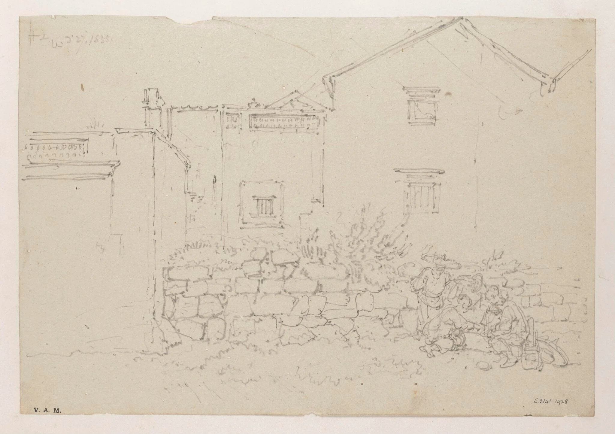 Figures by a stone wall with houses behind, Macau, by George Chinnery, 16