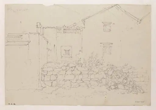 Figures by a stone wall with houses behind, Macau
