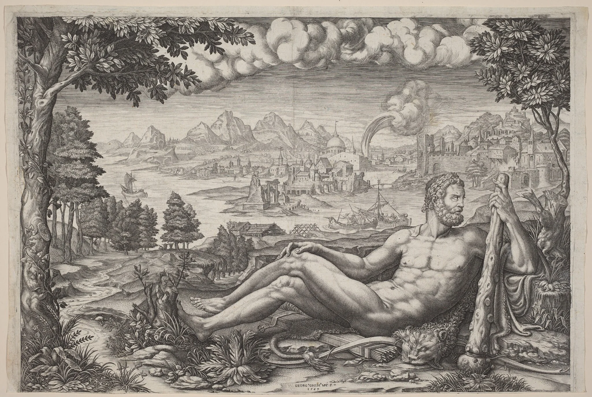 Hercules Resting from His Labors, by Giorgio Ghisi, ink, 1567