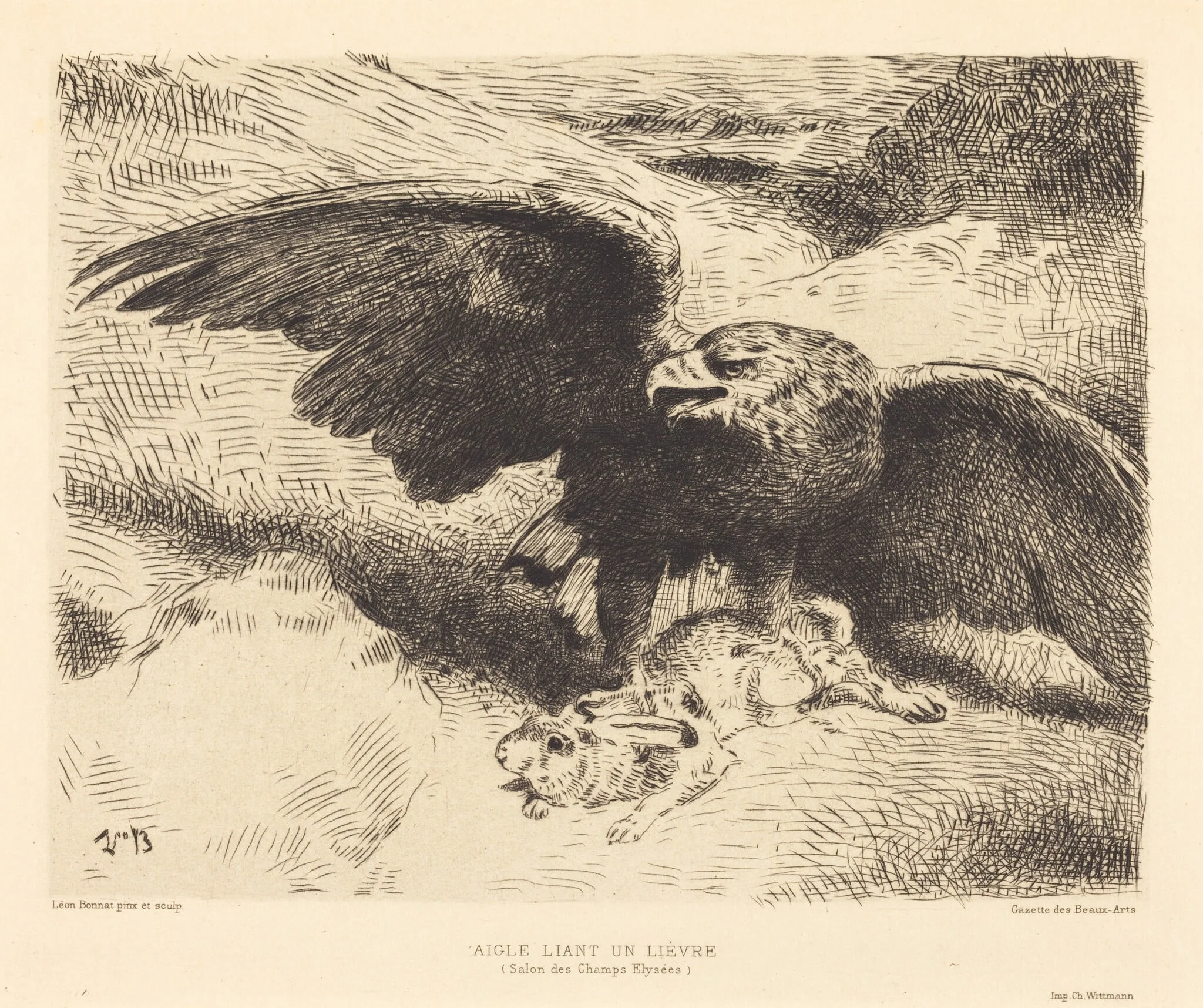 Aigle Liant un Lièvre (An Eagle Pouncing on a Hare), by Léon Bonnat, ink, 1878