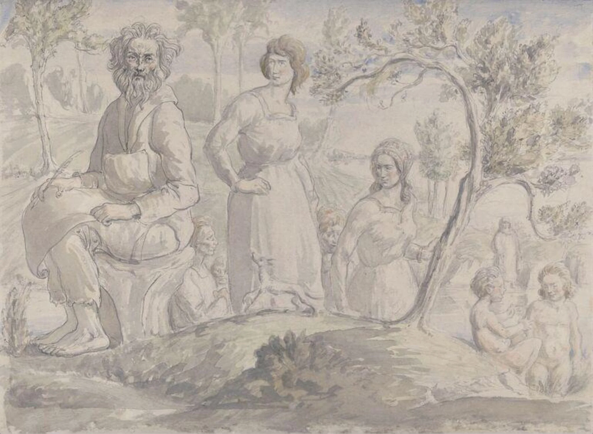 Figures in a wooded landscape, by Cyril Goldie, watercolor, 1912