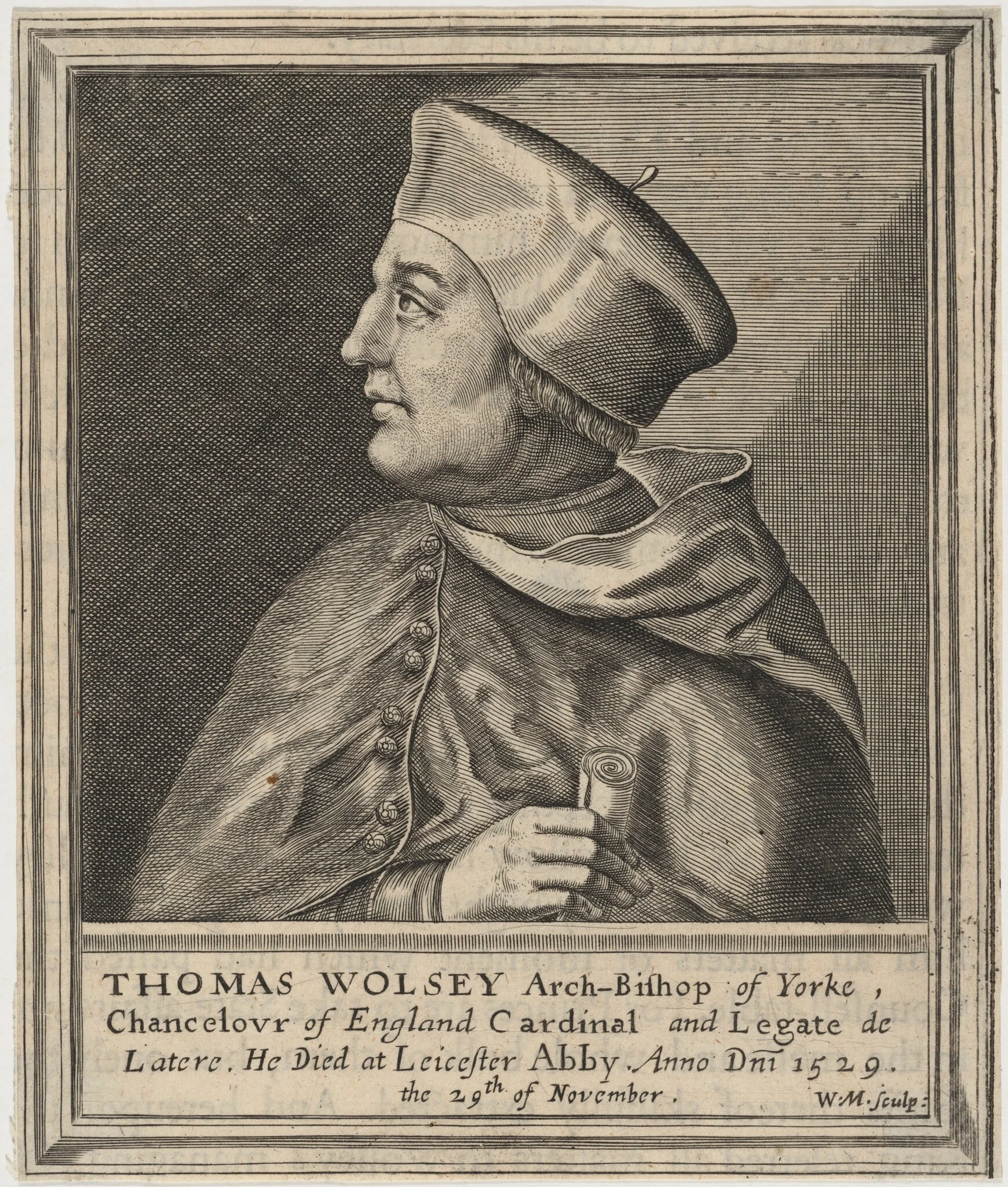 Thomas Wolsey, Cardinal, Archibishop of York, by William Marshall, ink, 1642