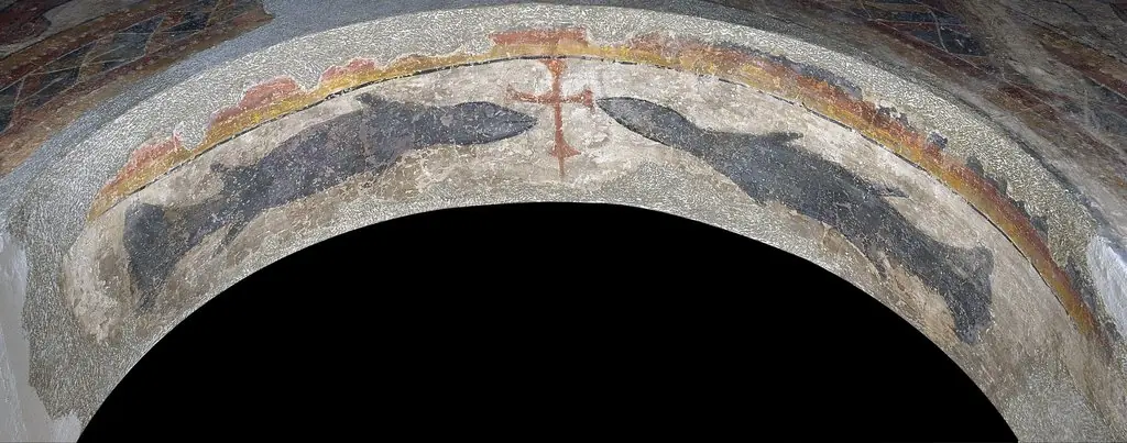 Fish flanking a cross from Santa Maria de Taüll